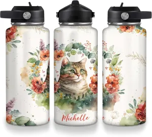 Hyturtle Personalized Cat Water Bottle - Custom Name Travel Insulated Stainless Steel Bottle with Leak-Proof Lid 18oz 32oz - Pet Lover Gift for Women Girls Cat Lovers - Birthday & Christmas Gift