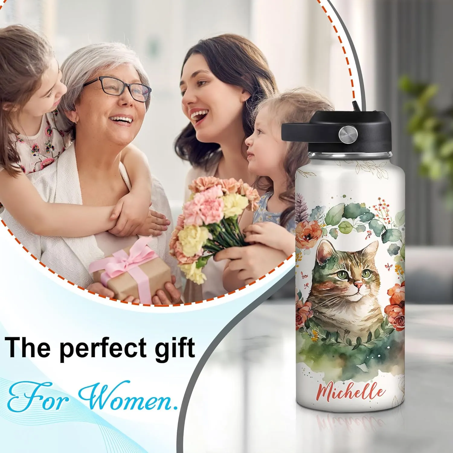 Hyturtle Personalized Cat Water Bottle - Custom Name Travel Insulated Stainless Steel Bottle with Leak-Proof Lid 18oz 32oz - Pet Lover Gift for Women Girls Cat Lovers - Birthday & Christmas Gift