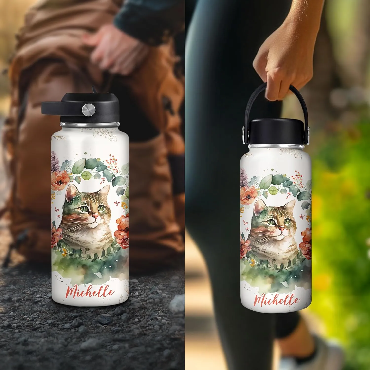 Hyturtle Personalized Cat Water Bottle - Custom Name Travel Insulated Stainless Steel Bottle with Leak-Proof Lid 18oz 32oz - Pet Lover Gift for Women Girls Cat Lovers - Birthday & Christmas Gift