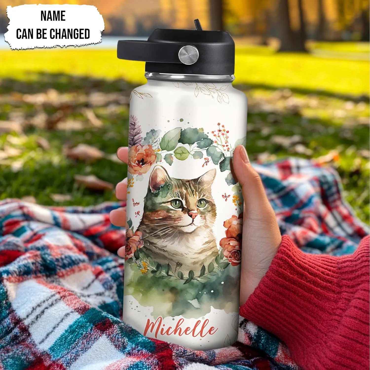 Hyturtle Personalized Cat Water Bottle - Custom Name Travel Insulated Stainless Steel Bottle with Leak-Proof Lid 18oz 32oz - Pet Lover Gift for Women Girls Cat Lovers - Birthday & Christmas Gift