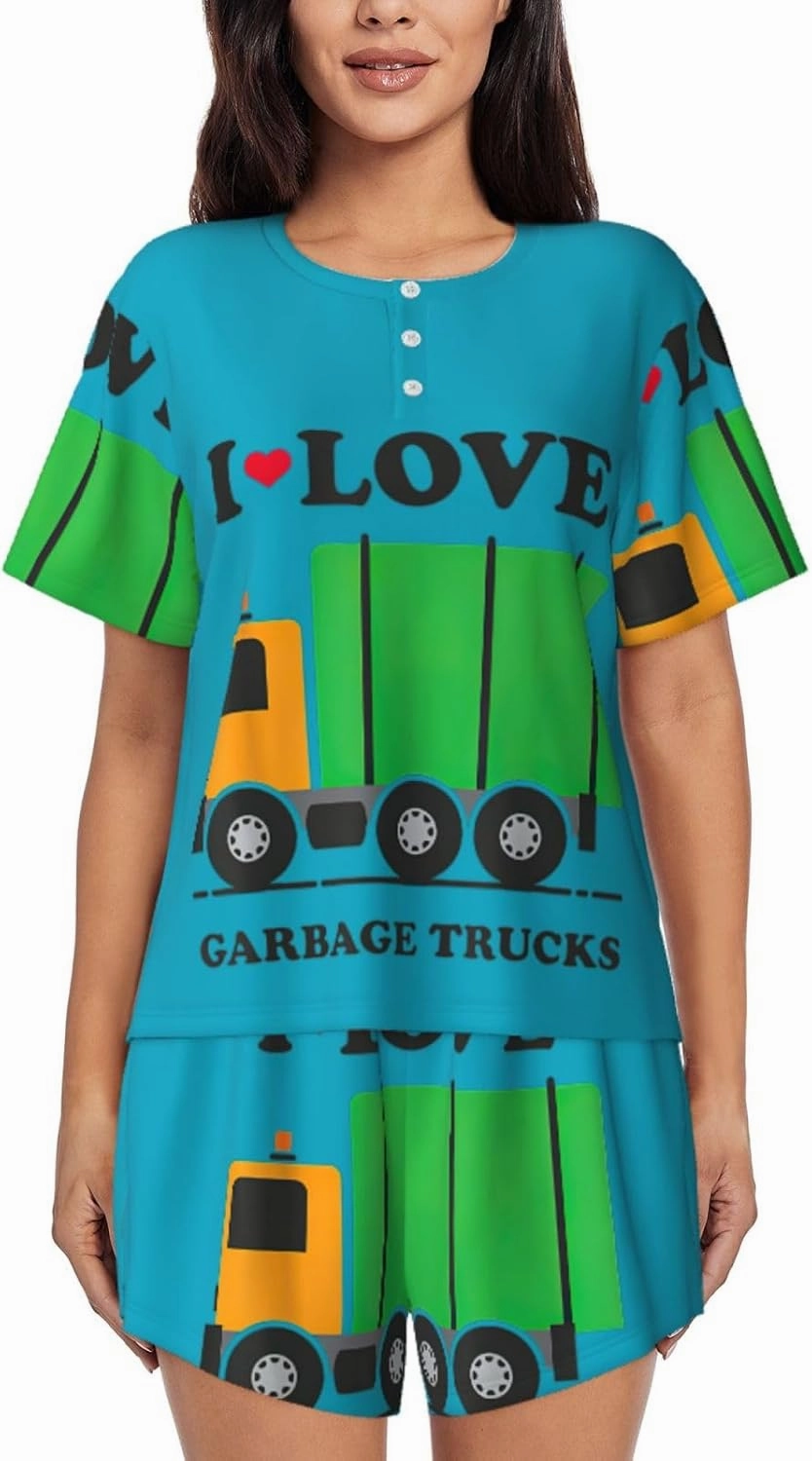I Love Garbage Trucks Print Women'S Pajamas Set Summer Sleepwear Sets 2 Piece Lounge Set With Pockets
