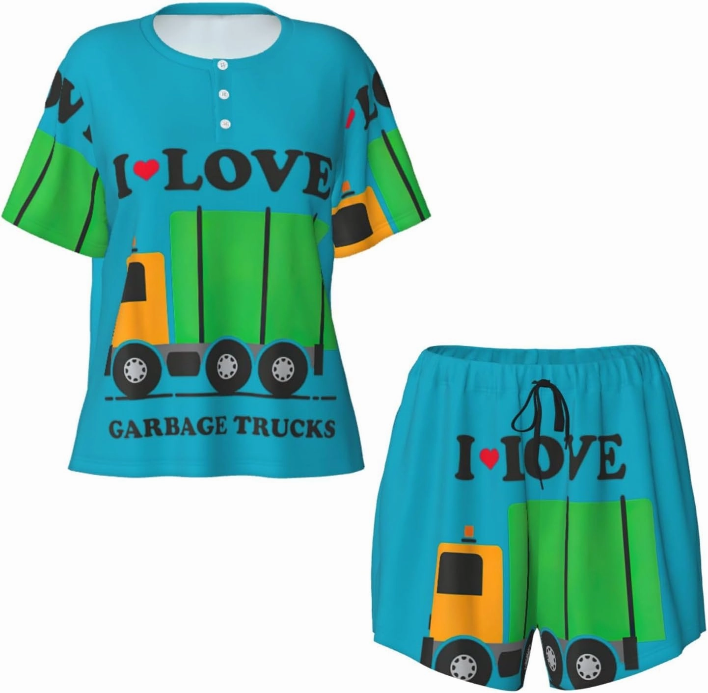 I Love Garbage Trucks Print Women'S Pajamas Set Summer Sleepwear Sets 2 Piece Lounge Set With Pockets