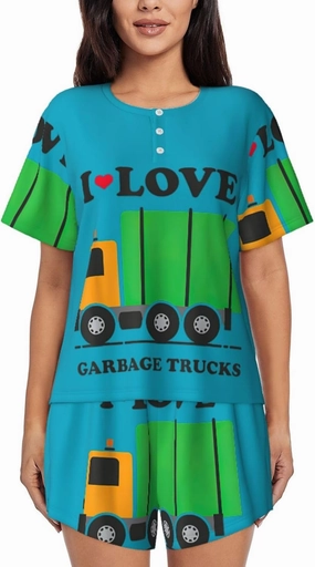 I Love Garbage Trucks Print Women'S Pajamas Set Summer Sleepwear Sets 2 Piece Lounge Set With Pockets