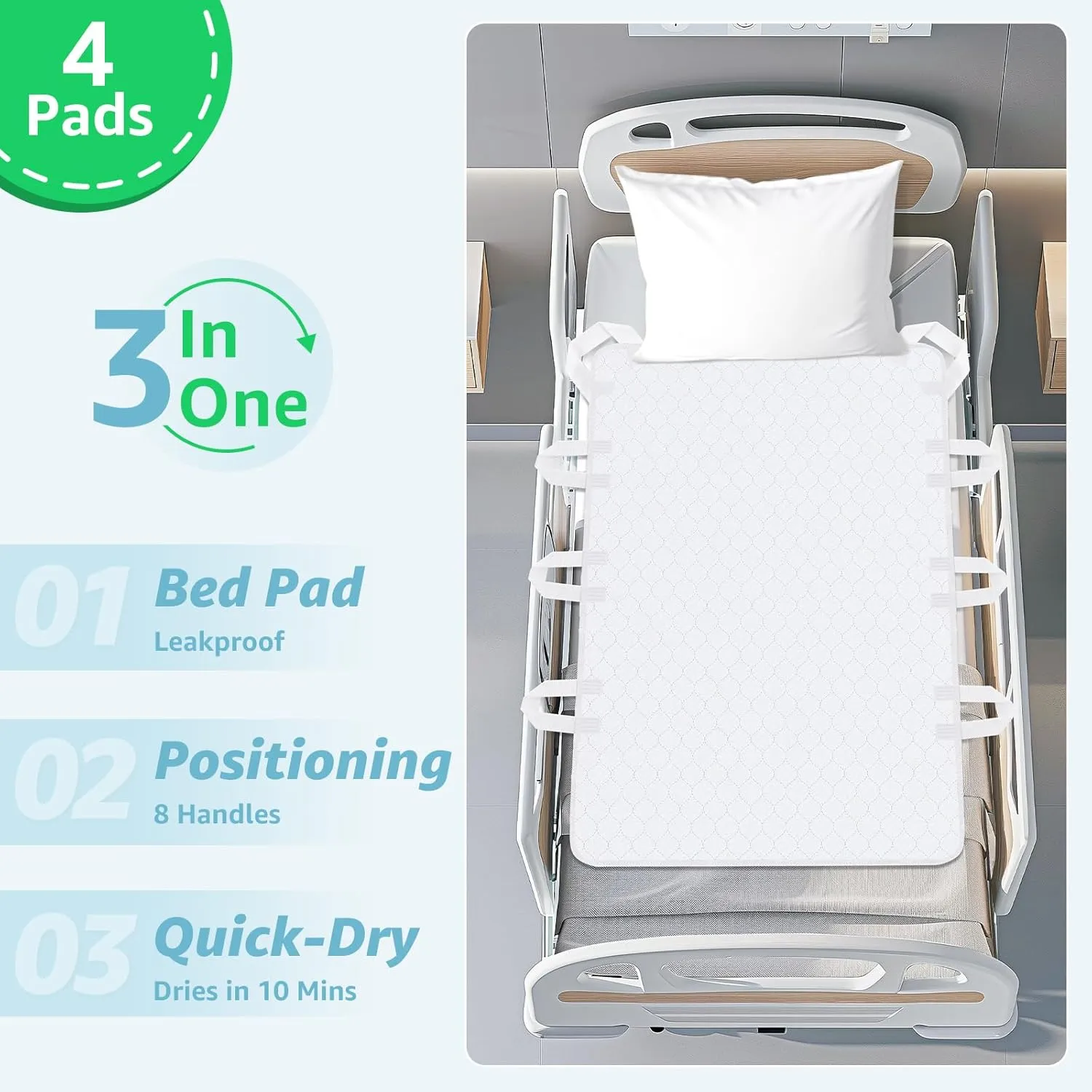 Incontinence Bed Pads Whasbable: Waterproof Bed Pads for Elderly with 8 Handles,4 Pcs 34"x52" Reusable Bed Underpads, Positioning Bed Pads for Incontinence Adult, Bedwet,Kids,Bedridden,Hospitals