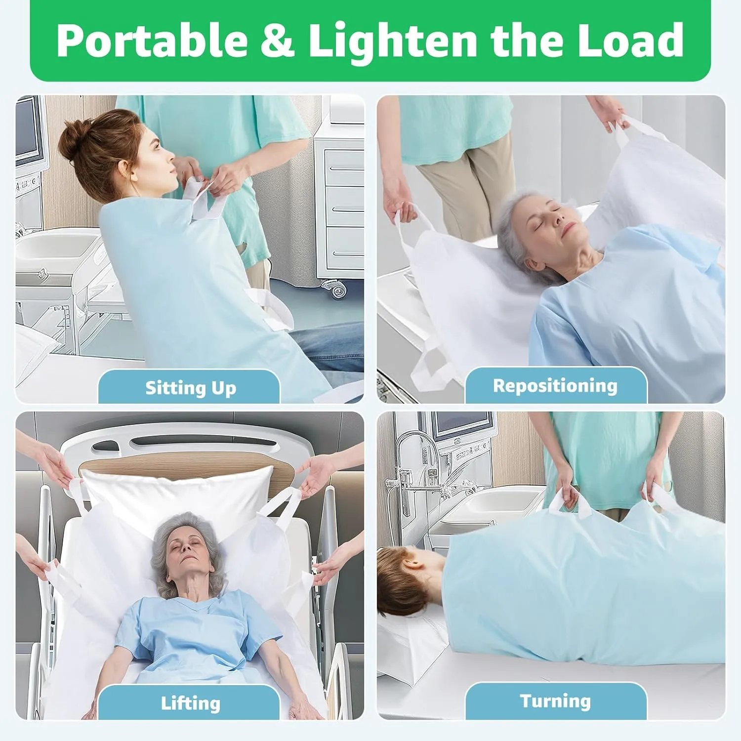 Incontinence Bed Pads Whasbable: Waterproof Bed Pads for Elderly with 8 Handles,4 Pcs 34"x52" Reusable Bed Underpads, Positioning Bed Pads for Incontinence Adult, Bedwet,Kids,Bedridden,Hospitals
