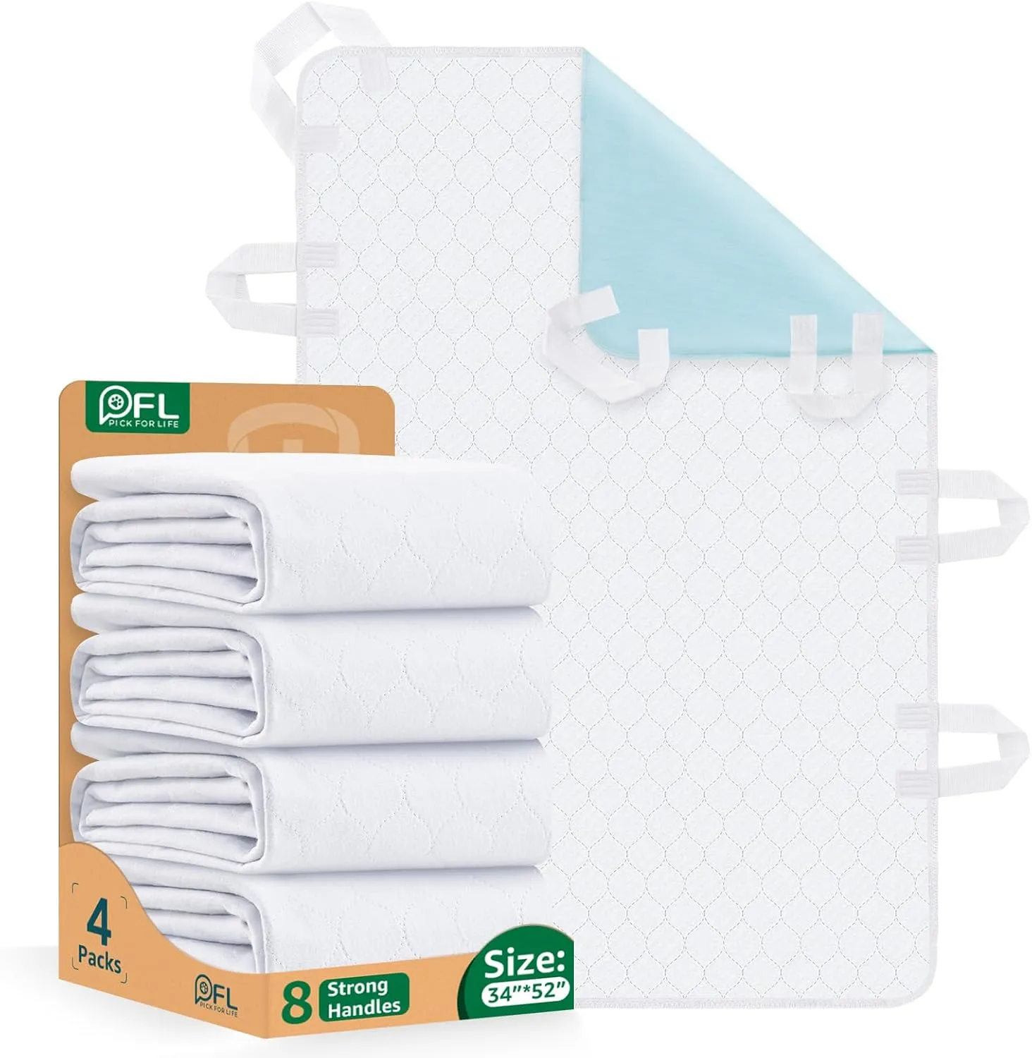Incontinence Bed Pads Whasbable: Waterproof Bed Pads for Elderly with 8 Handles,4 Pcs 34"x52" Reusable Bed Underpads, Positioning Bed Pads for Incontinence Adult, Bedwet,Kids,Bedridden,Hospitals