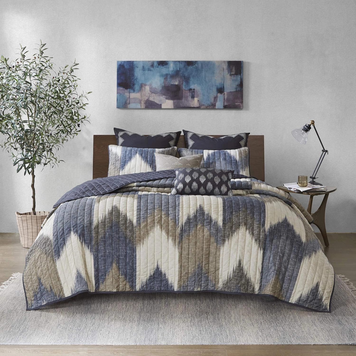 INK IVY Reversible Cotton Quilt-Luxury Double Sided Stitching Design All Season, Breathable Coverlet Bedspread Bedding, Matching Shams, King/Cal King(104"x92"), Alpine Chevron Navy 3 Piece