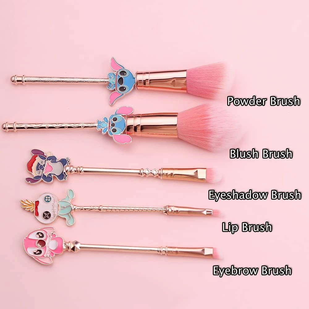 Interstellar Baby Makeup Brushes Set - 5Pcs Creative Stitch Theme Cosmetic Brushes Set, Premium Synthetic Foundation Eyeshades Brush Set Best Gift for Young Girl Women (Pink Set 3)