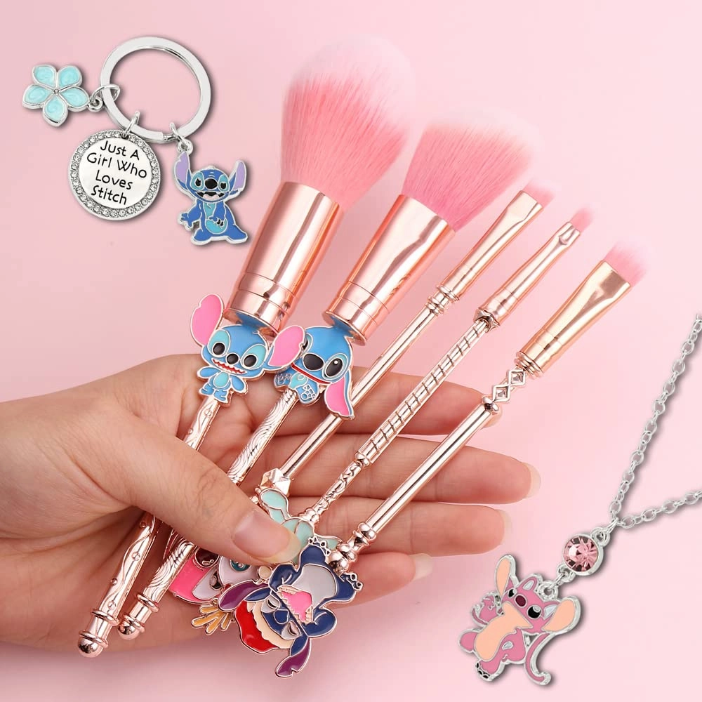 Interstellar Baby Makeup Brushes Set - 5Pcs Creative Stitch Theme Cosmetic Brushes Set, Premium Synthetic Foundation Eyeshades Brush Set Best Gift for Young Girl Women (Pink Set 3)