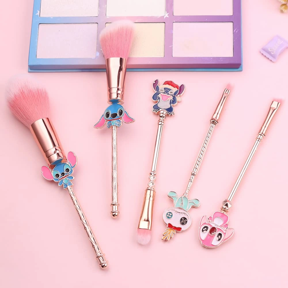 Interstellar Baby Makeup Brushes Set - 5Pcs Creative Stitch Theme Cosmetic Brushes Set, Premium Synthetic Foundation Eyeshades Brush Set Best Gift for Young Girl Women (Pink Set 3)