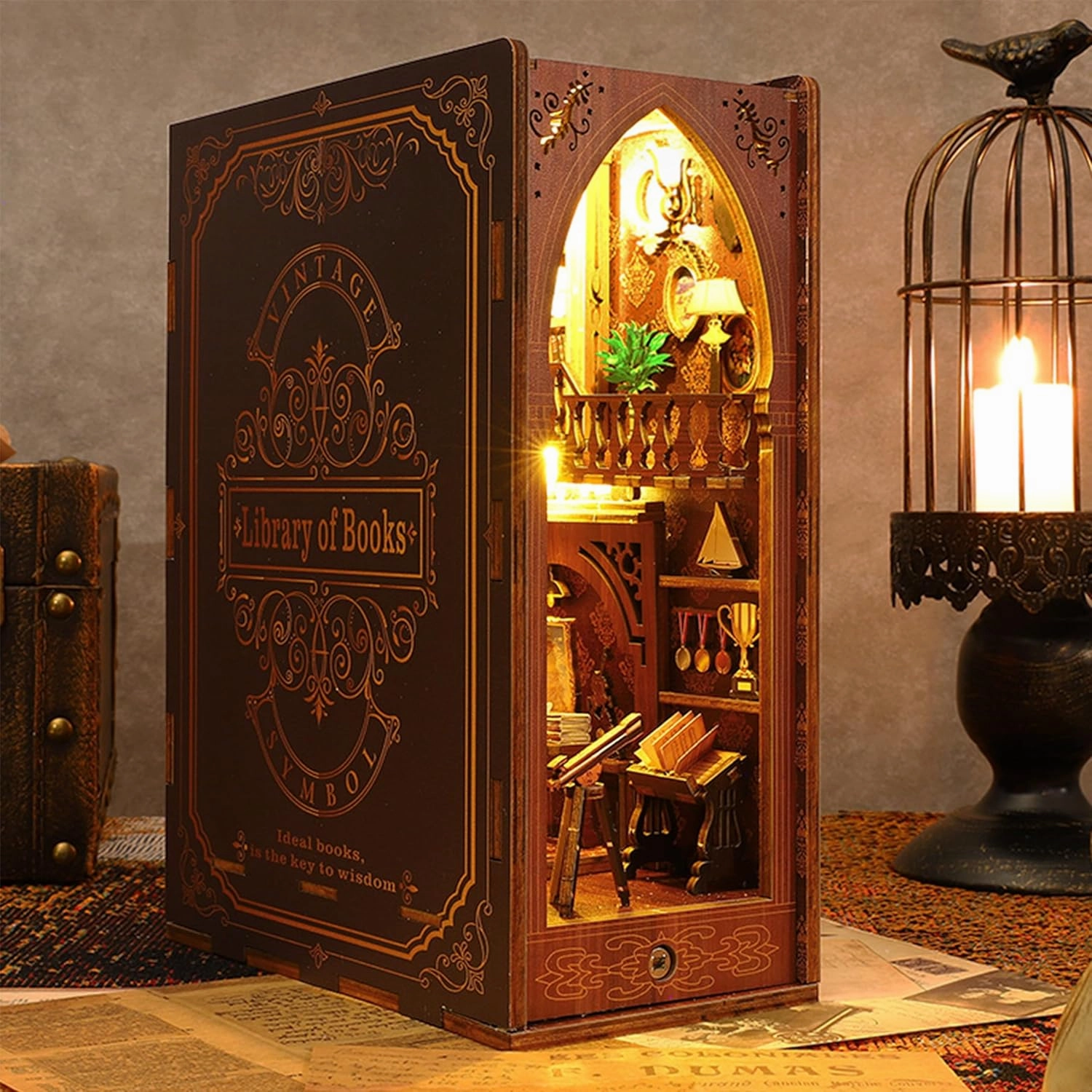 ISSEVE DIY Book Nook Kit, 3D Wooden Puzzle DIY Miniature House Kit for Booknook Shelf Insert Decoration, Magic Book House Stand Bookshelf Dollhouse for Adults with Sensor Light (Library of Books)