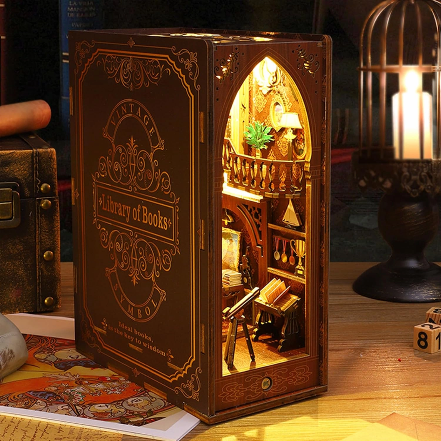 ISSEVE DIY Book Nook Kit, 3D Wooden Puzzle DIY Miniature House Kit for Booknook Shelf Insert Decoration, Magic Book House Stand Bookshelf Dollhouse for Adults with Sensor Light (Library of Books)