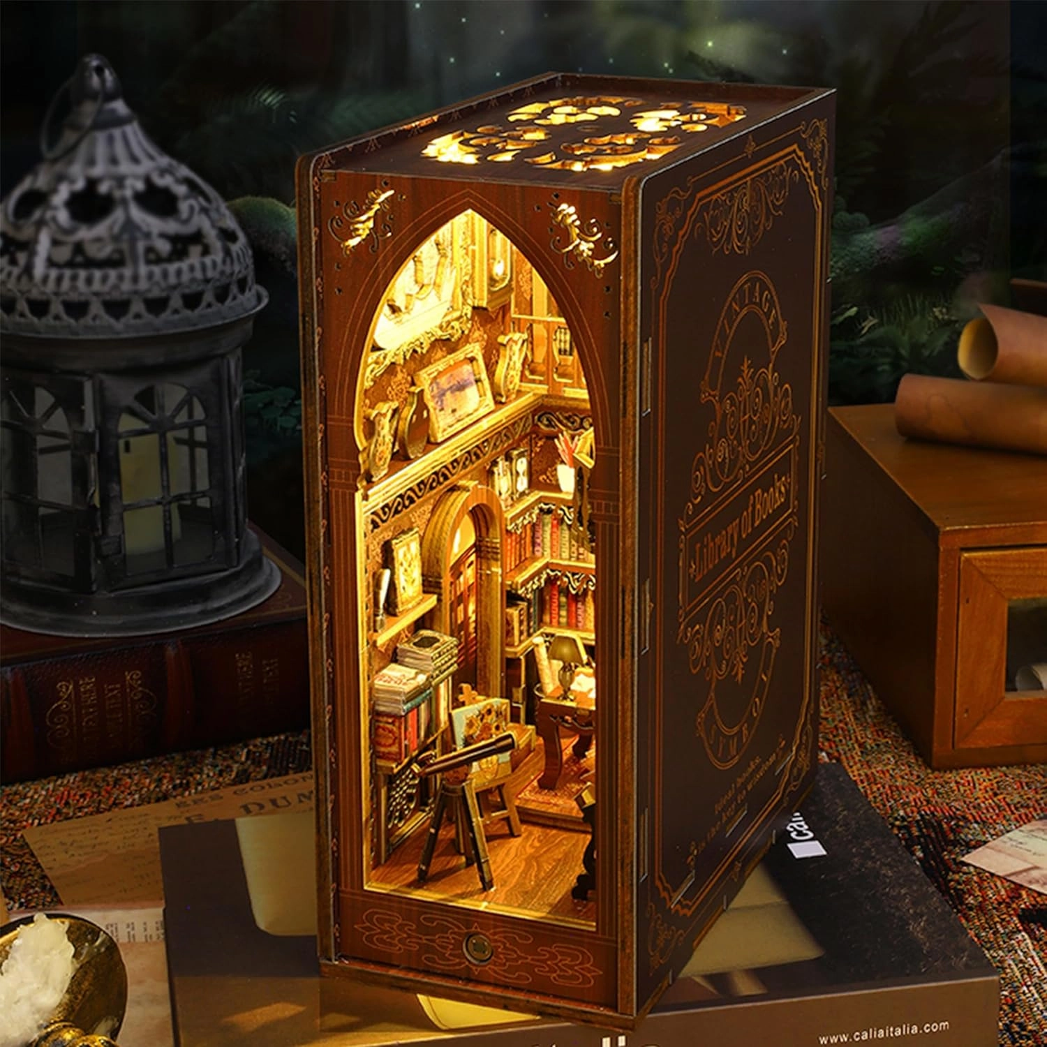 ISSEVE DIY Book Nook Kit, 3D Wooden Puzzle DIY Miniature House Kit for Booknook Shelf Insert Decoration, Magic Book House Stand Bookshelf Dollhouse for Adults with Sensor Light (Library of Books)