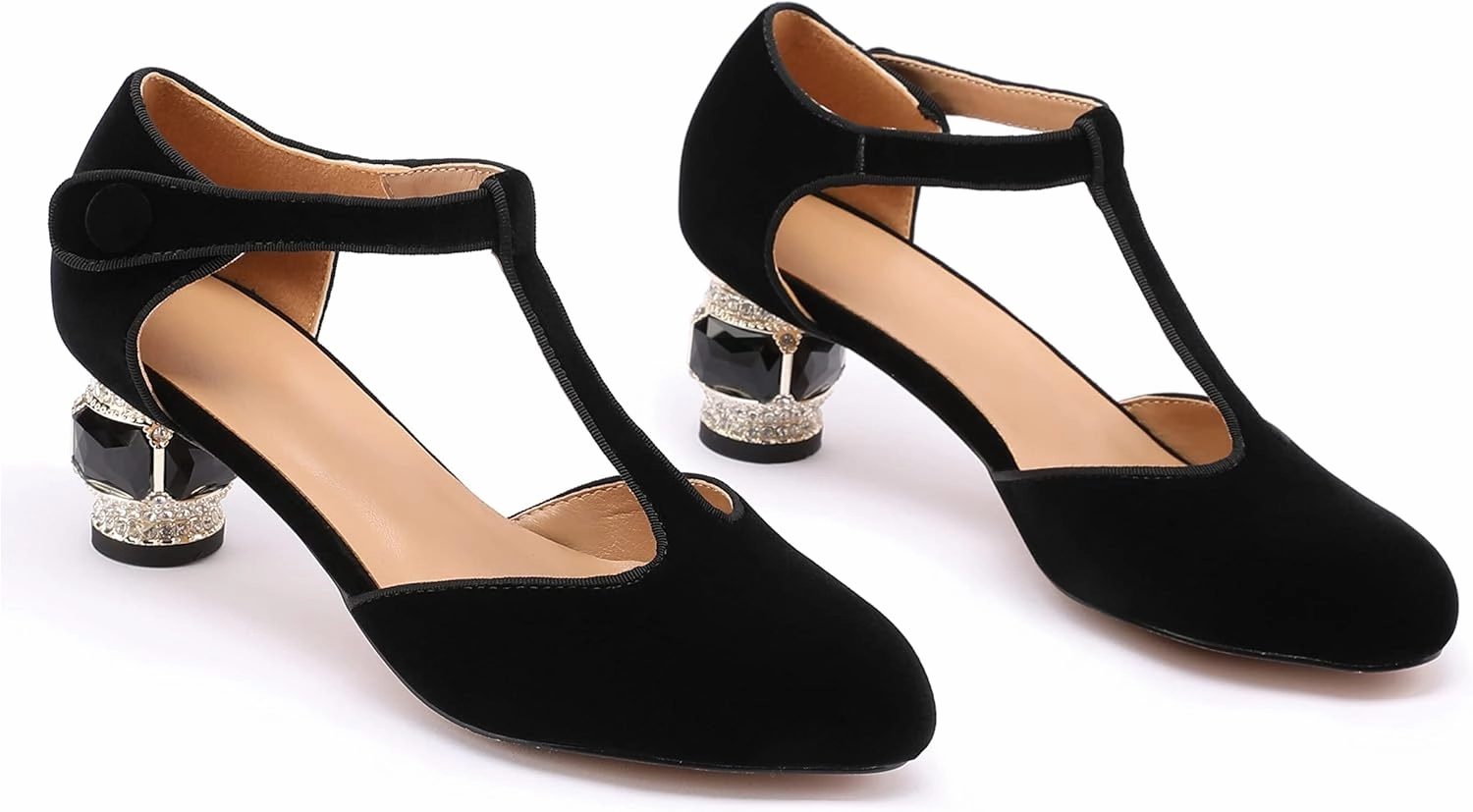 JANSEVEN Women Chunky High Heels Block Heeled Crystal Pumps Unique Jewel Gemstone Heel Round Closed Toe With Rhinestone Suede T-strap Sandals Party Bridal Wedding Shoes