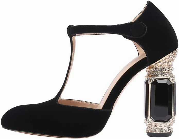JANSEVEN Women Chunky High Heels Block Heeled Crystal Pumps Unique Jewel Gemstone Heel Round Closed Toe With Rhinestone Suede T-strap Sandals Party Bridal Wedding Shoes