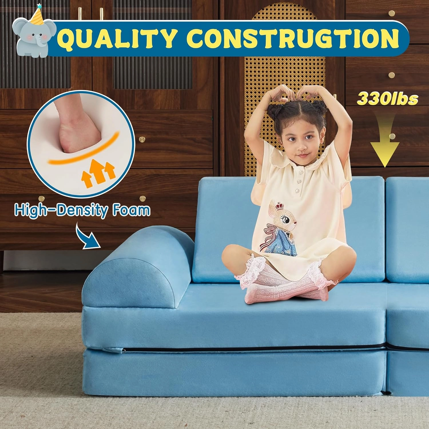 jela Kids Couch Safety Certified Play Couch Soft Kids Sofa with Machine Washable Cover Thick Foam Fort Building Set for Playroom Indoor (57"x28"x18", Baby Blue)