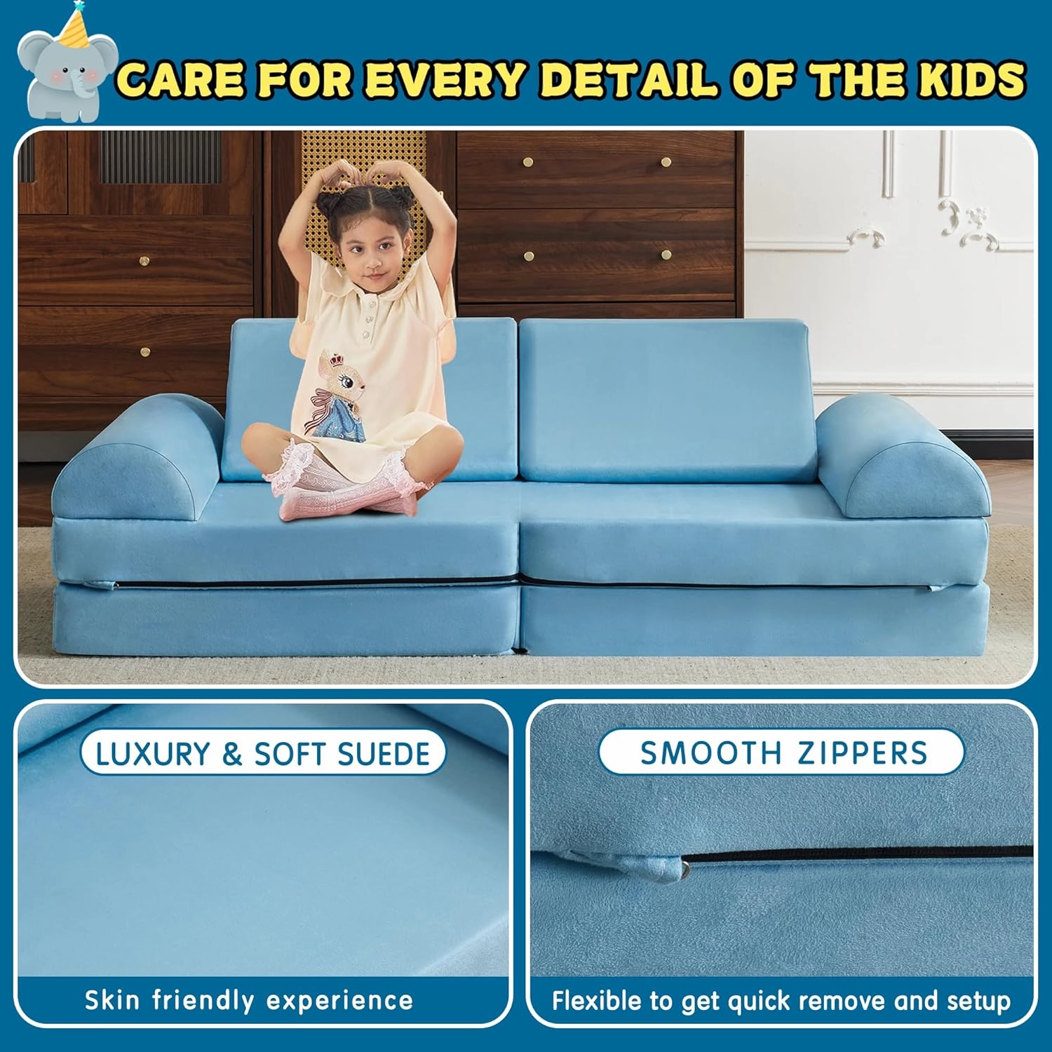 jela Kids Couch Safety Certified Play Couch Soft Kids Sofa with Machine Washable Cover Thick Foam Fort Building Set for Playroom Indoor (57"x28"x18", Baby Blue)