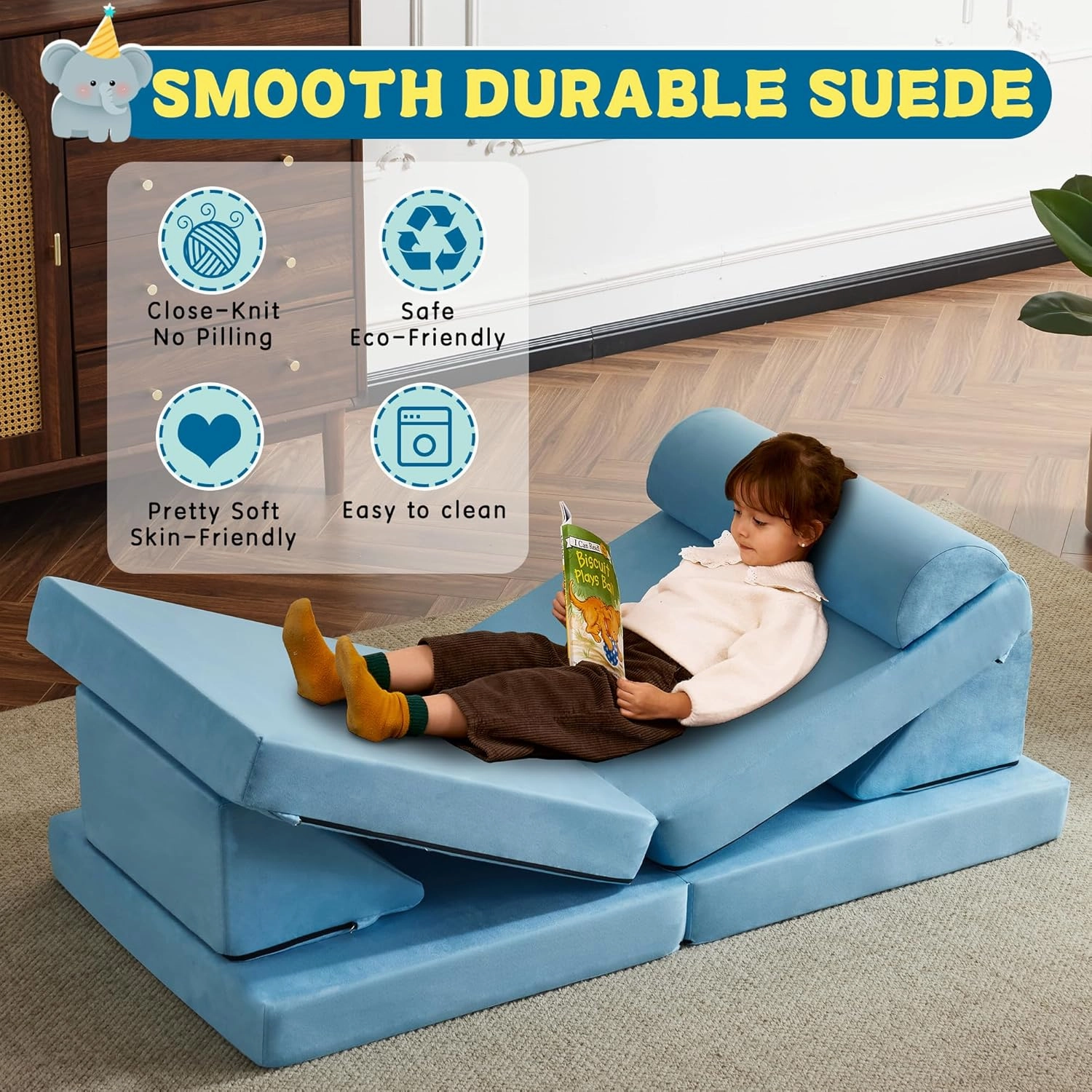 jela Kids Couch Safety Certified Play Couch Soft Kids Sofa with Machine Washable Cover Thick Foam Fort Building Set for Playroom Indoor (57"x28"x18", Baby Blue)