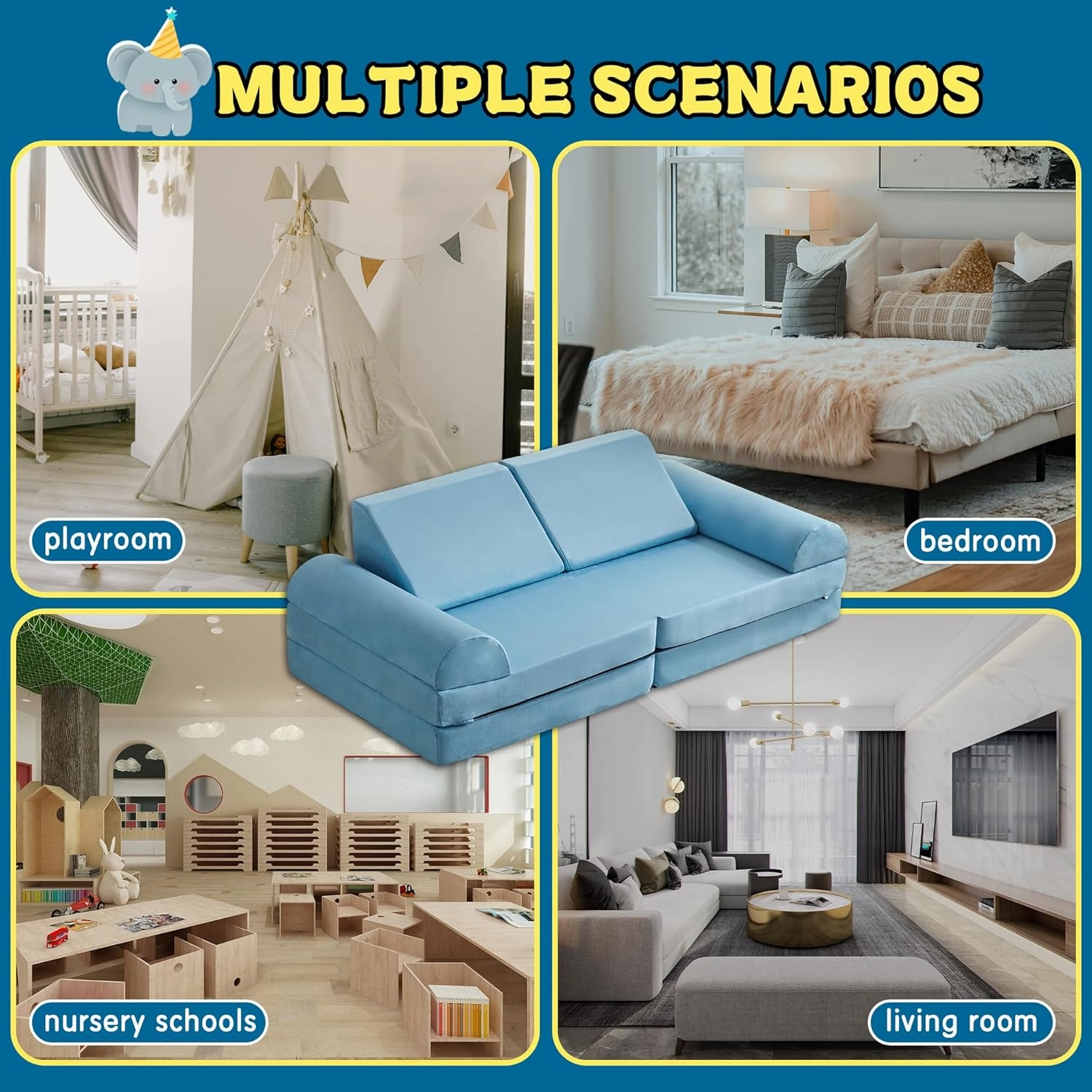 jela Kids Couch Safety Certified Play Couch Soft Kids Sofa with Machine Washable Cover Thick Foam Fort Building Set for Playroom Indoor (57"x28"x18", Baby Blue)