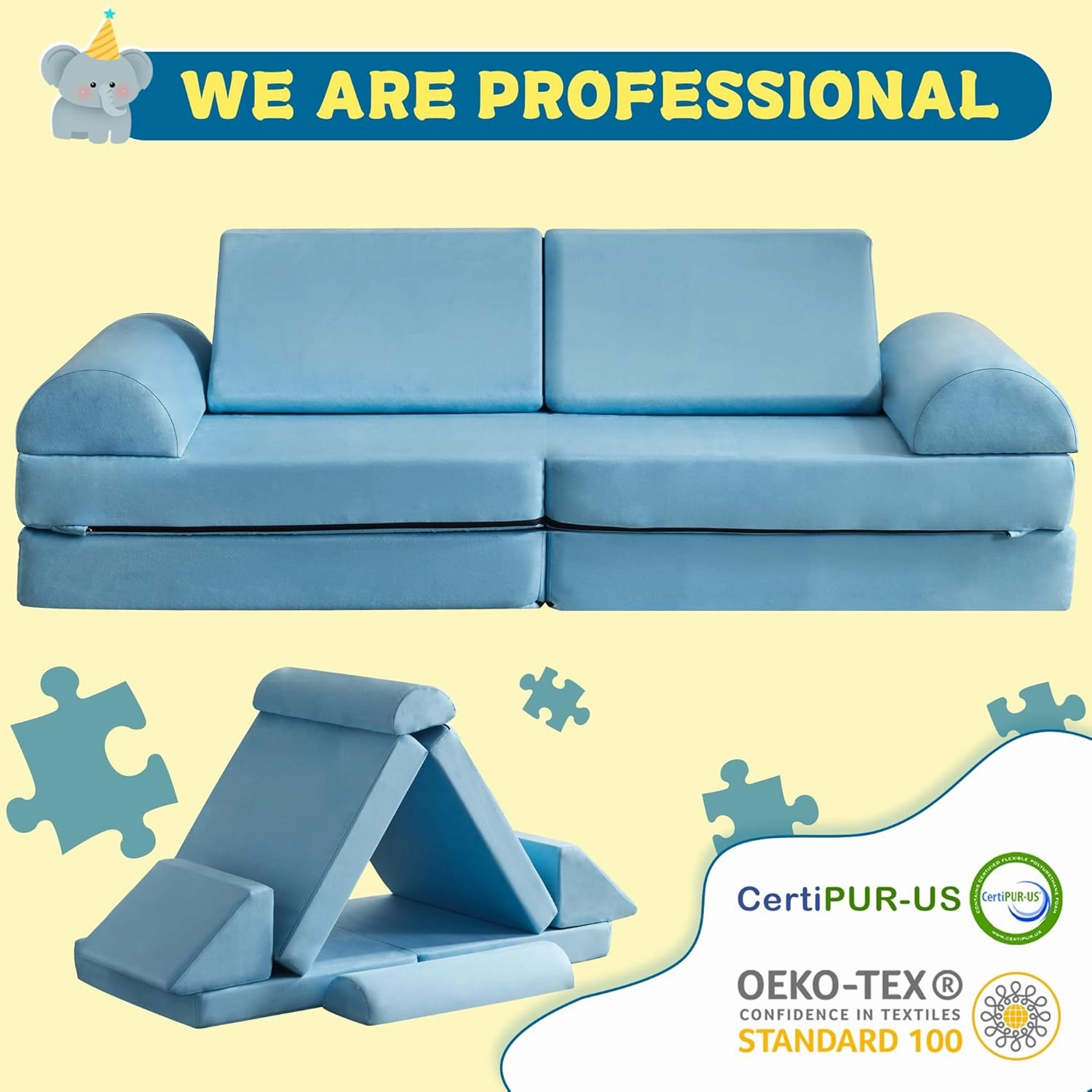 jela Kids Couch Safety Certified Play Couch Soft Kids Sofa with Machine Washable Cover Thick Foam Fort Building Set for Playroom Indoor (57"x28"x18", Baby Blue)
