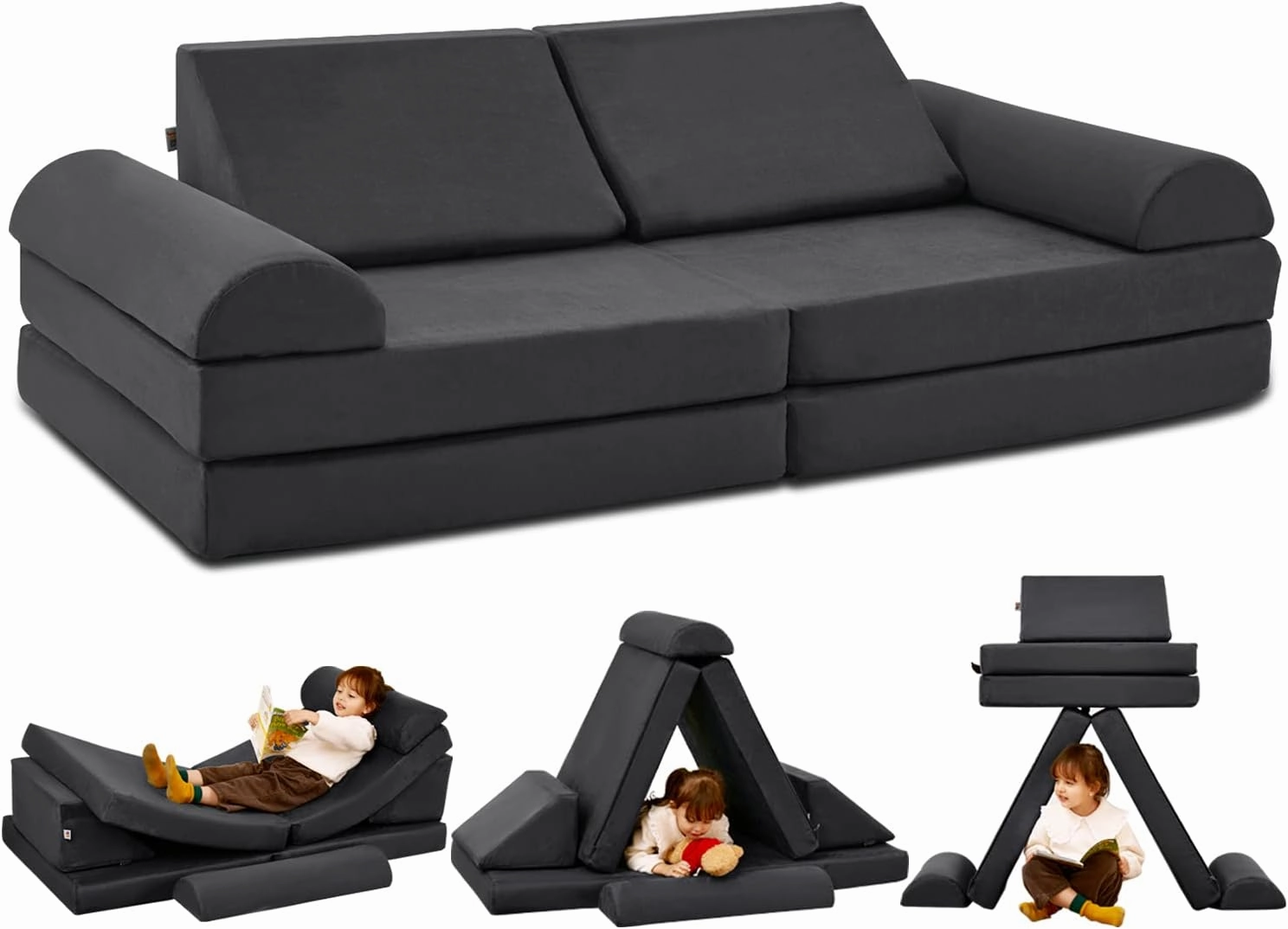 jela Kids Couch Safety Certified Play Couch Soft Kids Sofa with Machine Washable Cover Thick Foam Fort Building Set for Playroom Indoor (57"x28"x18", Charcoal)