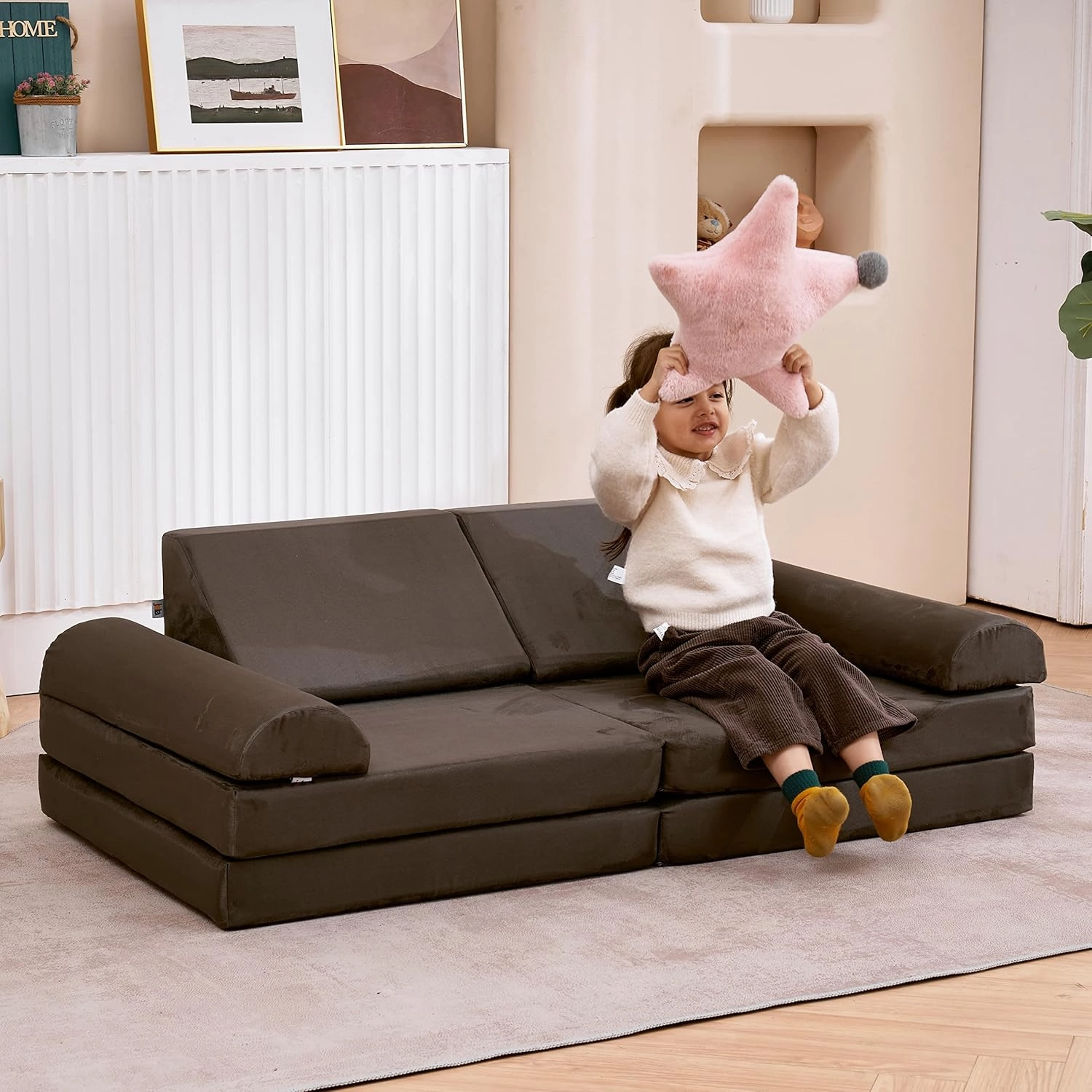 jela Kids Couch Safety Certified Play Couch Soft Kids Sofa with Machine Washable Cover Thick Foam Fort Building Set for Playroom Indoor (57"x28"x18", Charcoal)