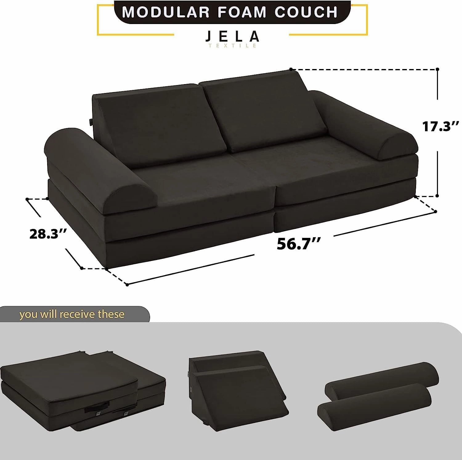 jela Kids Couch Safety Certified Play Couch Soft Kids Sofa with Machine Washable Cover Thick Foam Fort Building Set for Playroom Indoor (57"x28"x18", Charcoal)