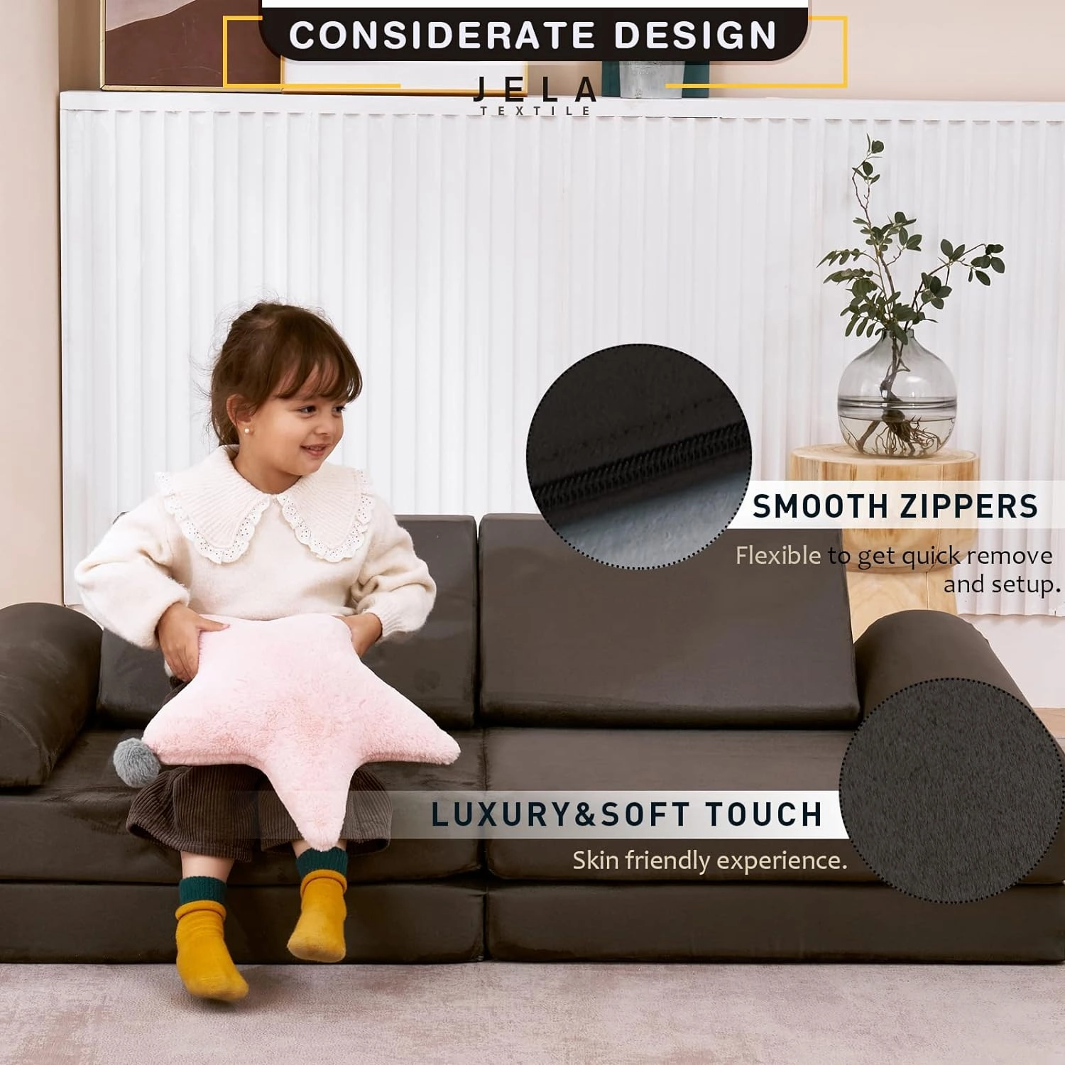 jela Kids Couch Safety Certified Play Couch Soft Kids Sofa with Machine Washable Cover Thick Foam Fort Building Set for Playroom Indoor (57"x28"x18", Charcoal)