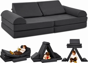 jela Kids Couch Safety Certified Play Couch Soft Kids Sofa with Machine Washable Cover Thick Foam Fort Building Set for Playroom Indoor (57"x28"x18", Charcoal)