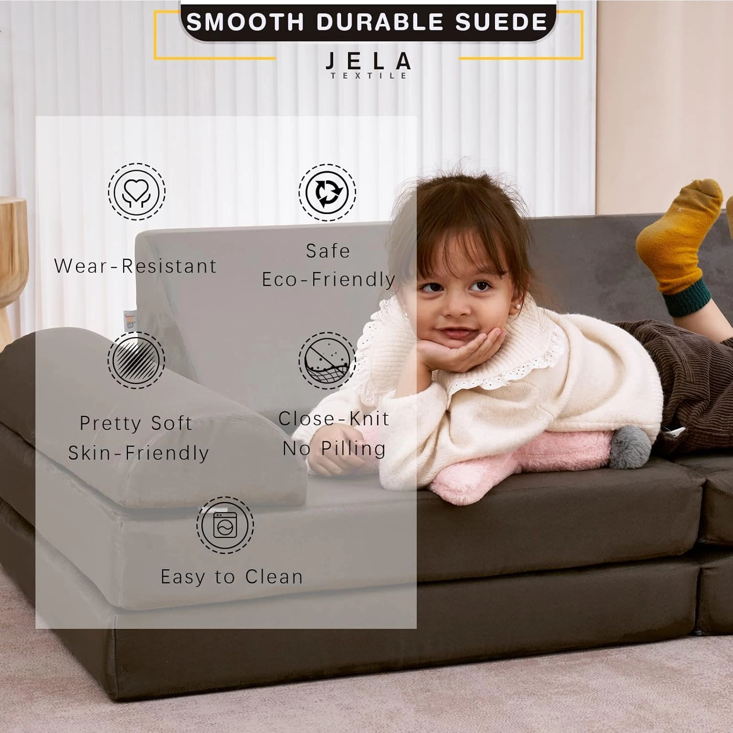 jela Kids Couch Safety Certified Play Couch Soft Kids Sofa with Machine Washable Cover Thick Foam Fort Building Set for Playroom Indoor (57"x28"x18", Charcoal)