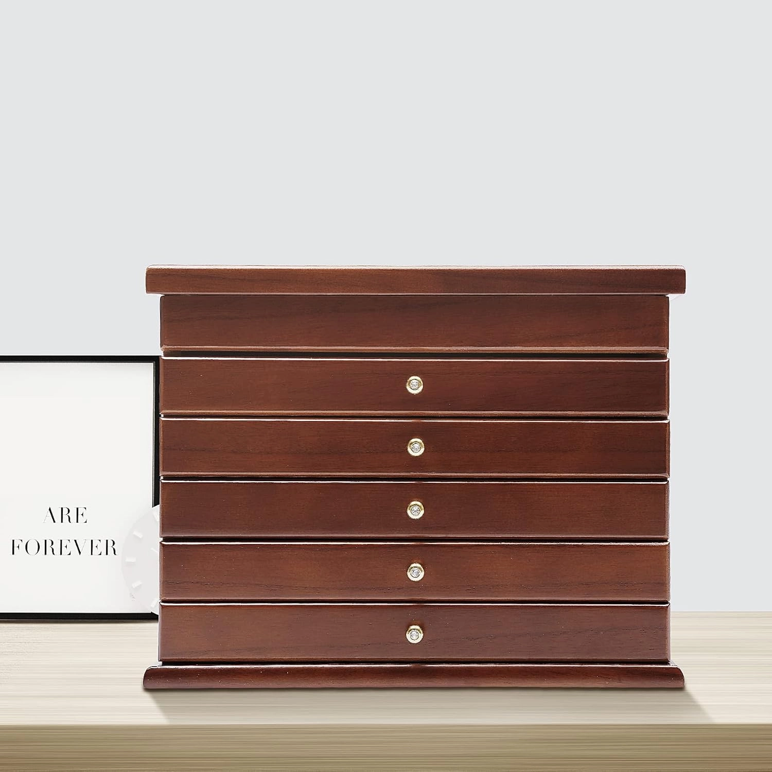 Jewelry Box for Women, 6 layers Wood Sunglasses Jewelry Storage Case with Drawers for Girls, Jewelry Watches Storage Organizer for Hairpin, Earring, Ring, Bracelet, Watches, Necklace (Walnut)