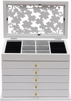 Jewelry Box for Women, 6 layers Wood Sunglasses Jewelry Storage Case with Drawers for Girls, Jewelry Watches Storage Organizer for Hairpin, Earring, Ring, Bracelet, Watches, Necklace (White)