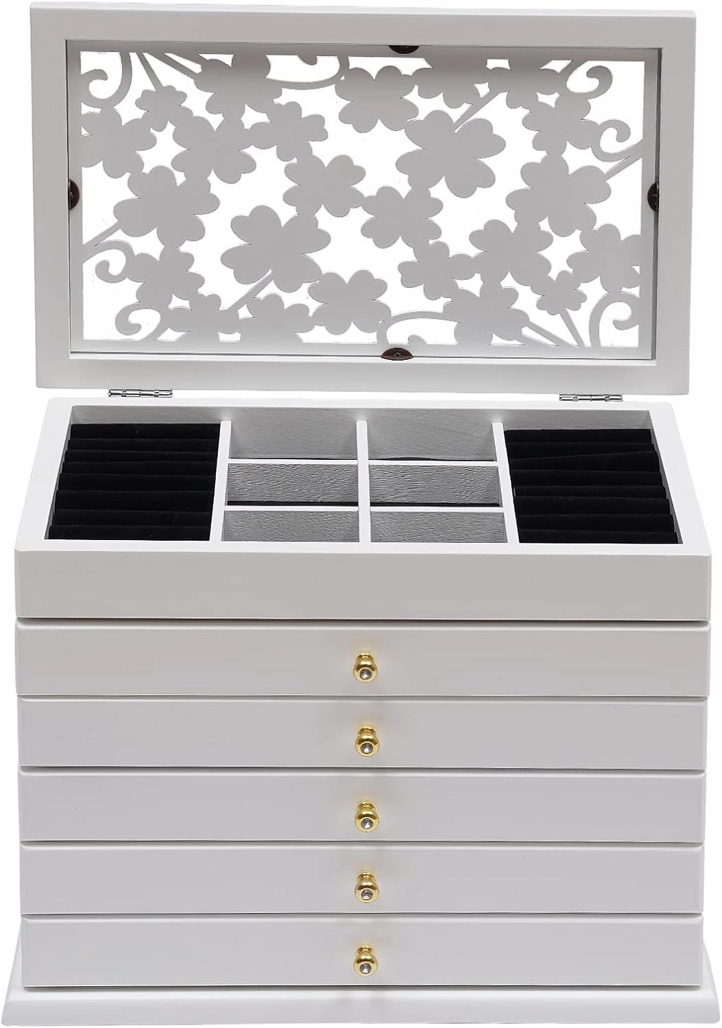 Jewelry Box for Women, 6 layers Wood Sunglasses Jewelry Storage Case with Drawers for Girls, Jewelry Watches Storage Organizer for Hairpin, Earring, Ring, Bracelet, Watches, Necklace (White)