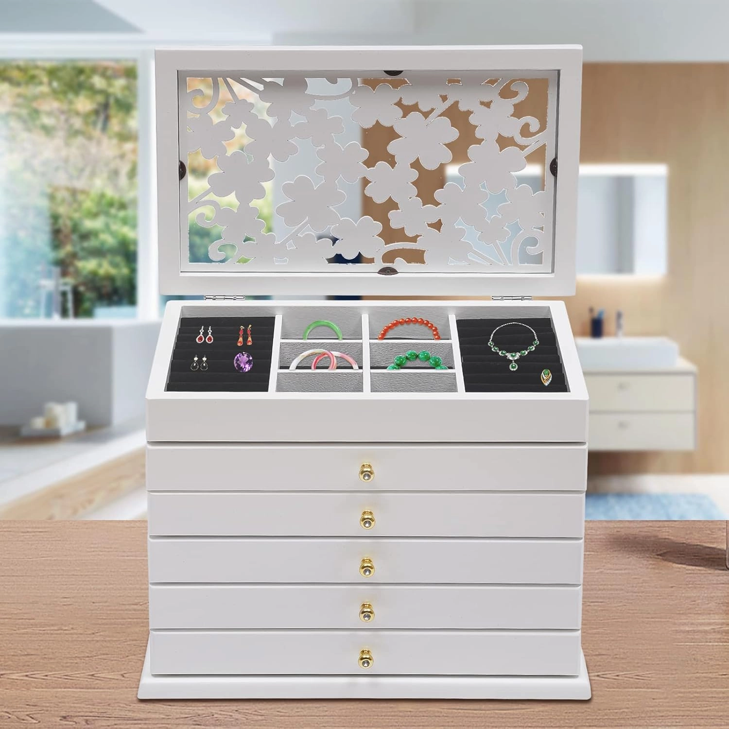 Jewelry Box for Women, 6 layers Wood Sunglasses Jewelry Storage Case with Drawers for Girls, Jewelry Watches Storage Organizer for Hairpin, Earring, Ring, Bracelet, Watches, Necklace (White)