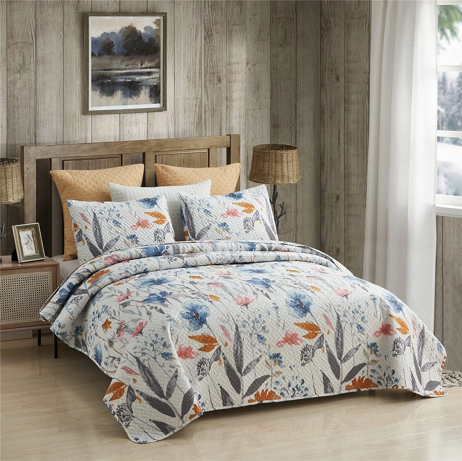 JML Quilt Set King Size (92" x104"), 3-Piece, King Size Quilt with 2 Pillow Shams - Soft and Lightweight, Boho Reversible Bedding Bedspread Coverlet Set, Floral