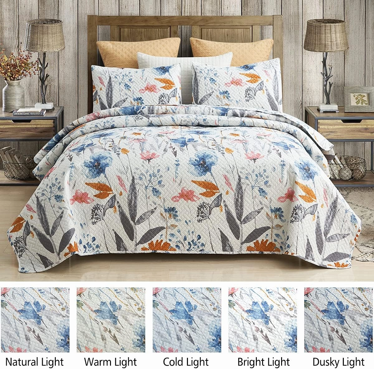 JML Quilt Set King Size (92" x104"), 3-Piece, King Size Quilt with 2 Pillow Shams - Soft and Lightweight, Boho Reversible Bedding Bedspread Coverlet Set, Floral