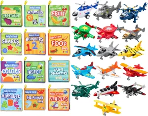 JOYIN 16 Pcs Pull Back Airplane Toys with 12 Pcs Bath Books, Boys Plane Playset, Nontoxic Fabric Soft Crinkly Cloth Books, Kids Birthday Gifts