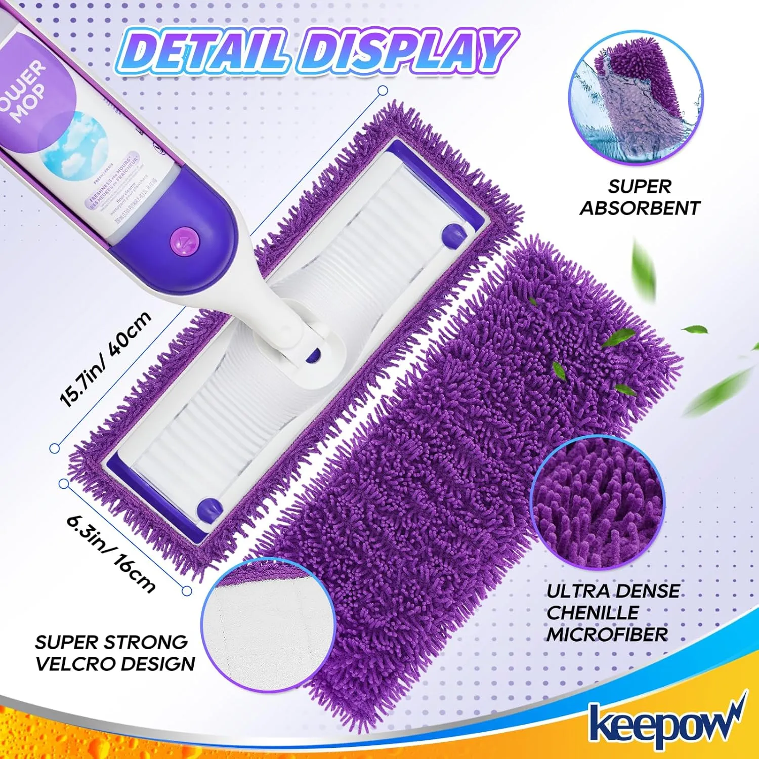 KEEPOW Reusable Microfiber Mop Pads Compatible with Swiffer PowerMop 4 Pack, Power Mop Pads Refills for 13 ''-15 '' Spray Mop, Machine Washable Pad Replacement for Multi-Surface Floor Cleaning