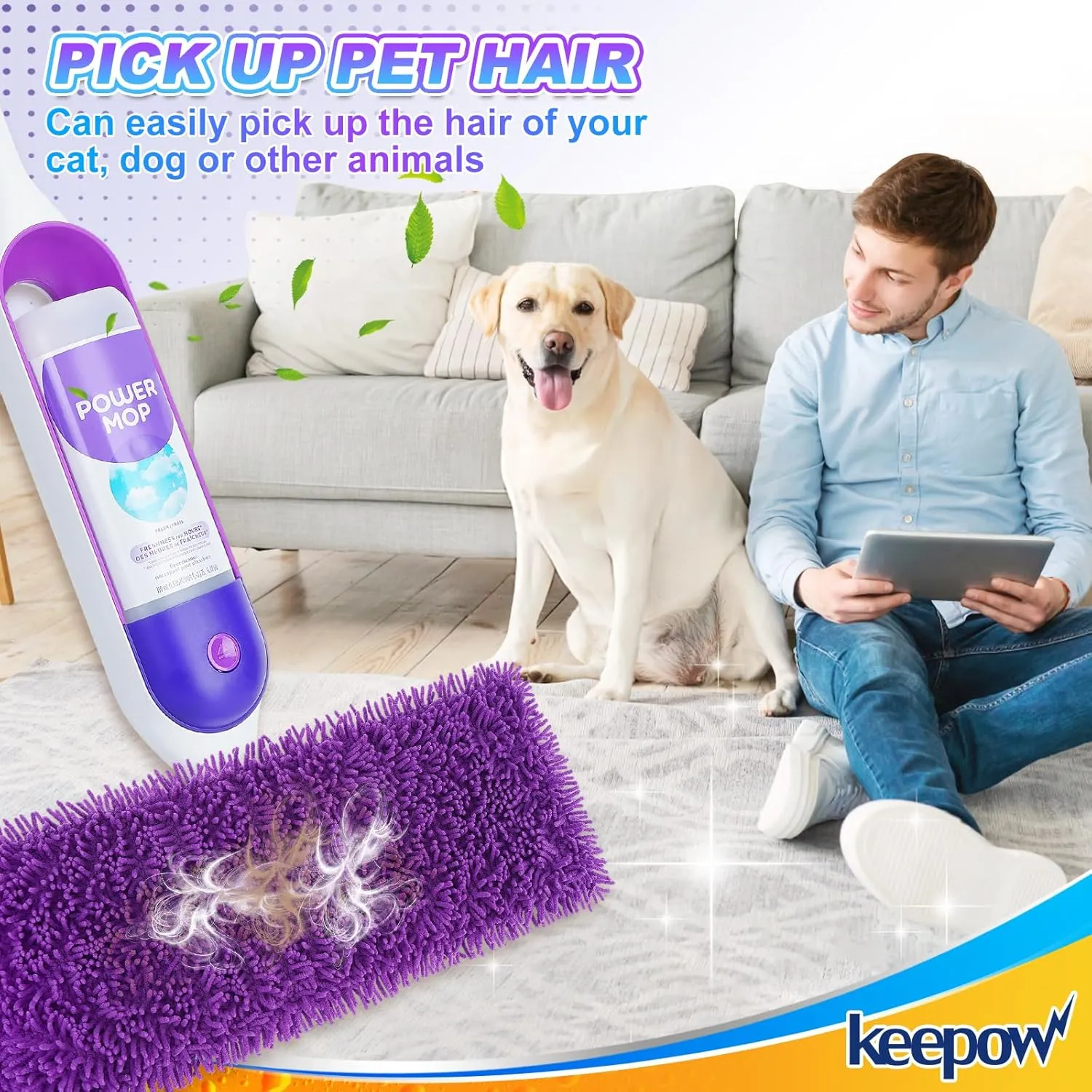 KEEPOW Reusable Microfiber Mop Pads Compatible with Swiffer PowerMop 4 Pack, Power Mop Pads Refills for 13 ''-15 '' Spray Mop, Machine Washable Pad Replacement for Multi-Surface Floor Cleaning
