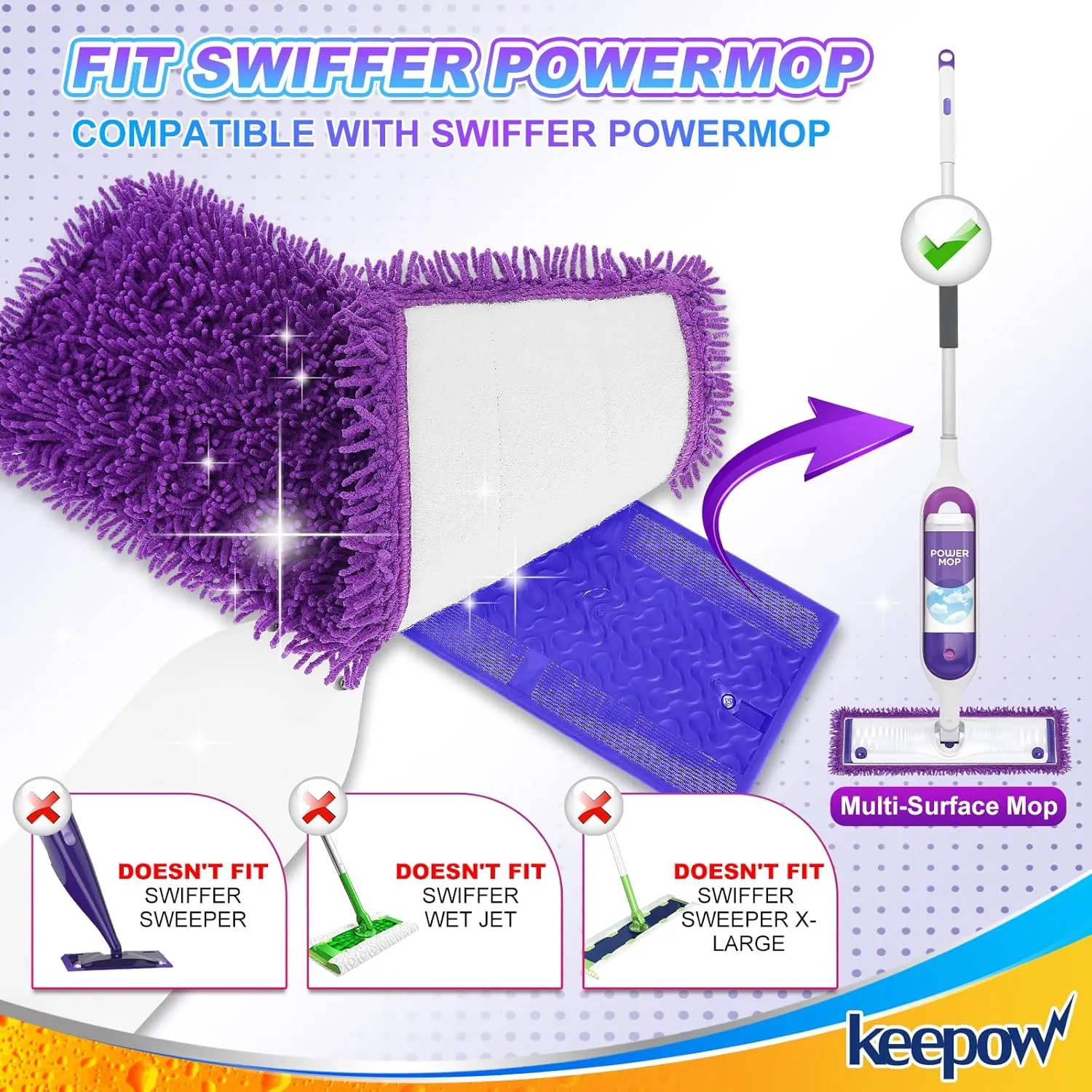KEEPOW Reusable Microfiber Mop Pads Compatible with Swiffer PowerMop 4 Pack, Power Mop Pads Refills for 13 ''-15 '' Spray Mop, Machine Washable Pad Replacement for Multi-Surface Floor Cleaning