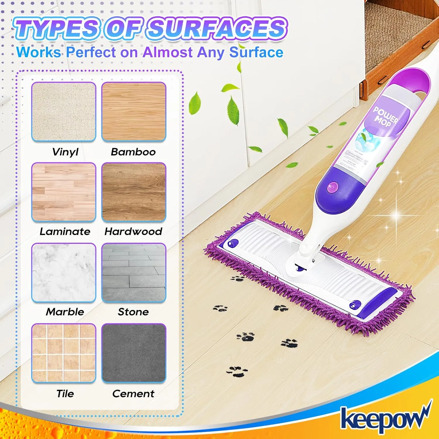KEEPOW Reusable Microfiber Mop Pads Compatible with Swiffer PowerMop 4 Pack, Power Mop Pads Refills for 13 ''-15 '' Spray Mop, Machine Washable Pad Replacement for Multi-Surface Floor Cleaning