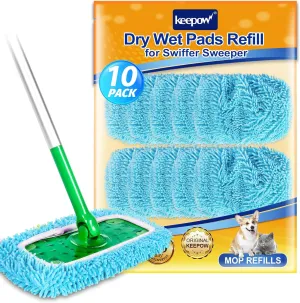 KEEPOW Wet Pads Refill for Swiffer Sweeper Mop - Dry Sweeping Cloths for Floor Mopping and Cleaning - Pet Heavy Duty Pads Refills, Upgraded Reusable (10 Pack)