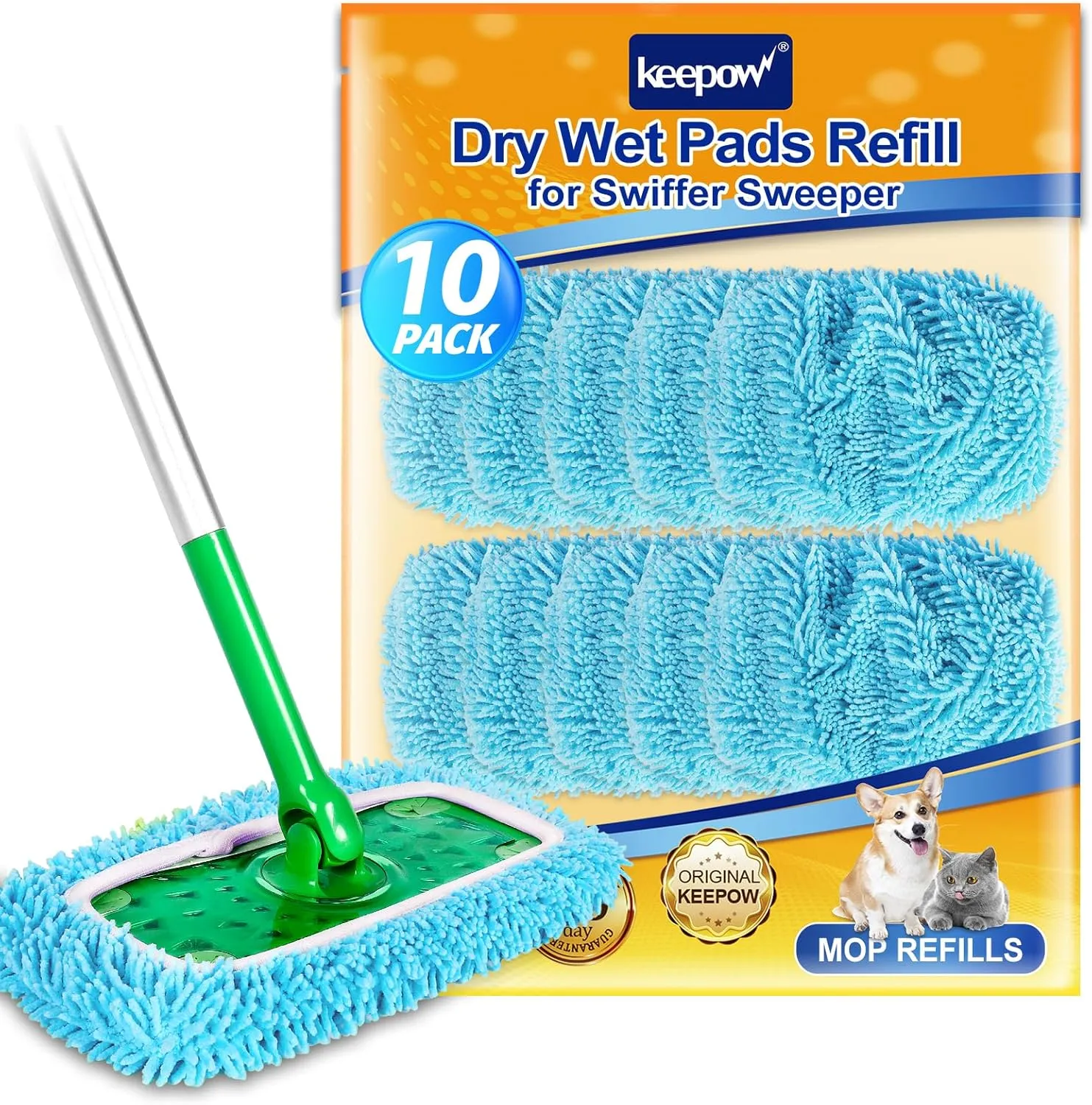 KEEPOW Wet Pads Refill for Swiffer Sweeper Mop - Dry Sweeping Cloths for Floor Mopping and Cleaning - Pet Heavy Duty Pads Refills, Upgraded Reusable (10 Pack)