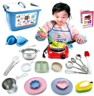 Kids Junior Tiny Real Easy Cooking Kitchen Set and Baking Kit - 22 Pc. Mini Stove Burner, Chef, Apron, Oven Mitt, Recipes - Easy Cook Real Food Utensils Gift for Boys and Girls Ages 6-12…