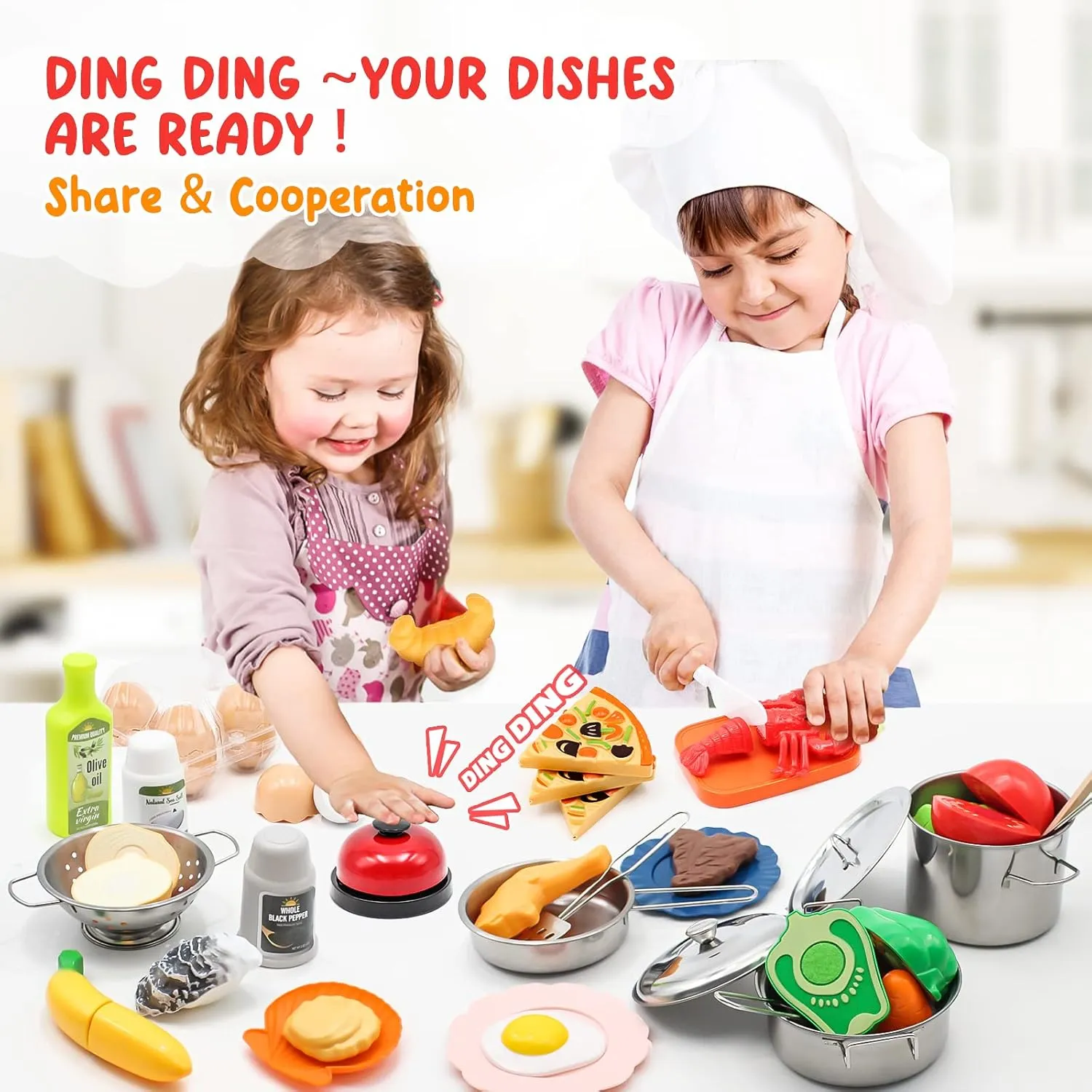 Kids Pretend Play Kitchen Accessories Set, 38Pcs Stainless Steel Play Pots Pans Sets for Kids, Toy Cookware Cooking Utensils Play Food Dish Toddler Kitchen Playset Gifts for Boys Girls