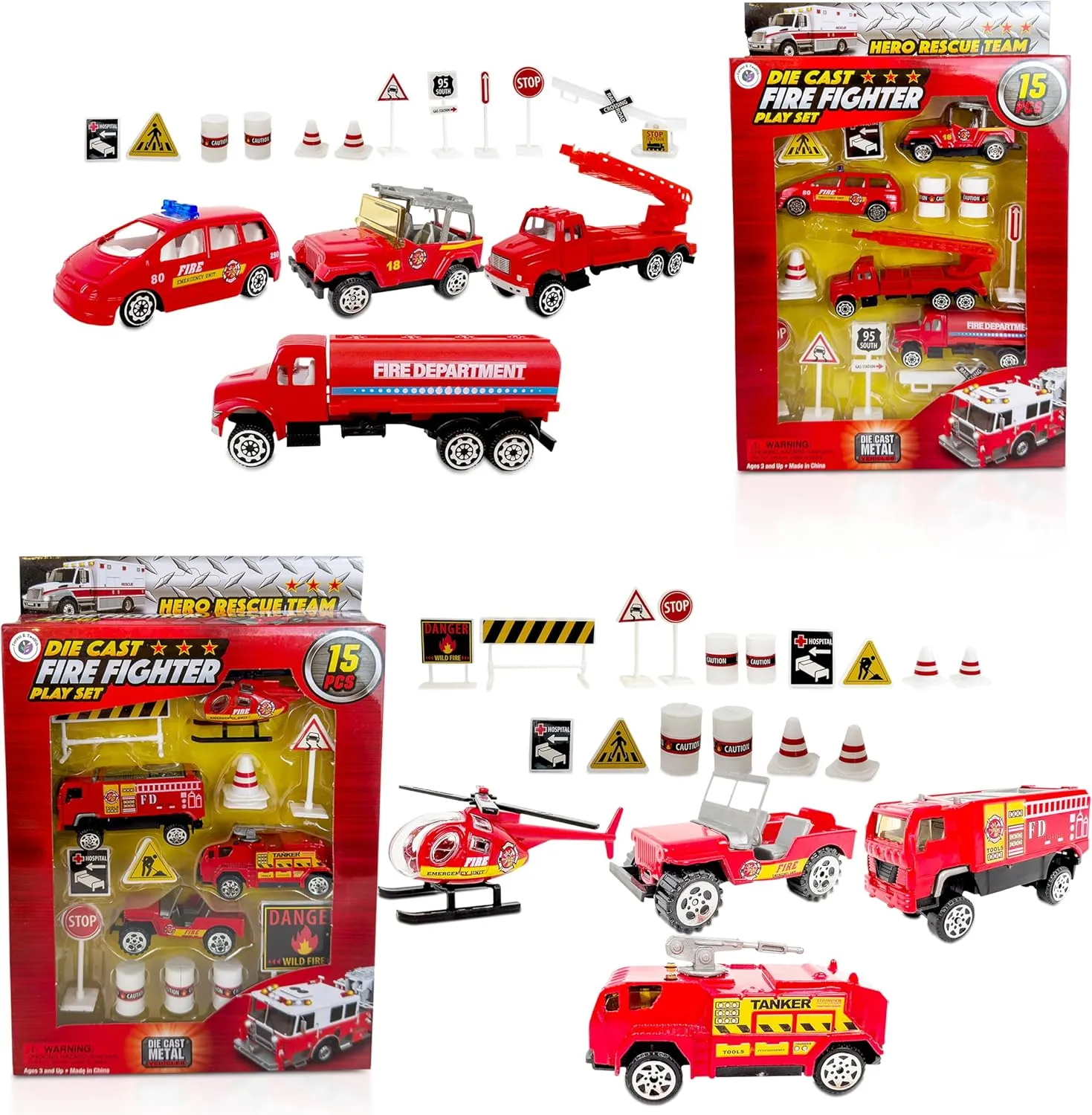 Kids Set of 2 15pcs Die Cast Fire Dept. Forest & Twelfth Vehicle Toy Set for Kids &Toddlers,Promotes Creative Pretend Play,Skill Development,Fun All-Occasion Gift Idea(Firefighting Playset)