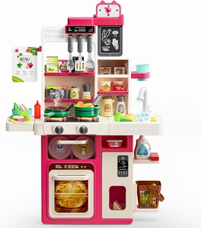 Kids Pretend Play Kitchen Set, Kitchen Toys with Realistic Sound & Light, Cooking Stove, Sink, Play Food and Kitchen Accessories, Pretend Kitchen Playset Gifts for Toddlers Girls Boys(Red)