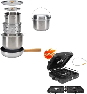 KingCamp Camping Cookware Set 304 Stainless Steel Campfire Cooking Pots Pan and Kettle with KingCamp 2 Burner Camping Stove