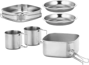 Kisangel Portable Camping Cooking Pot Stainless Steel Folding Cookset Utensils Essential for