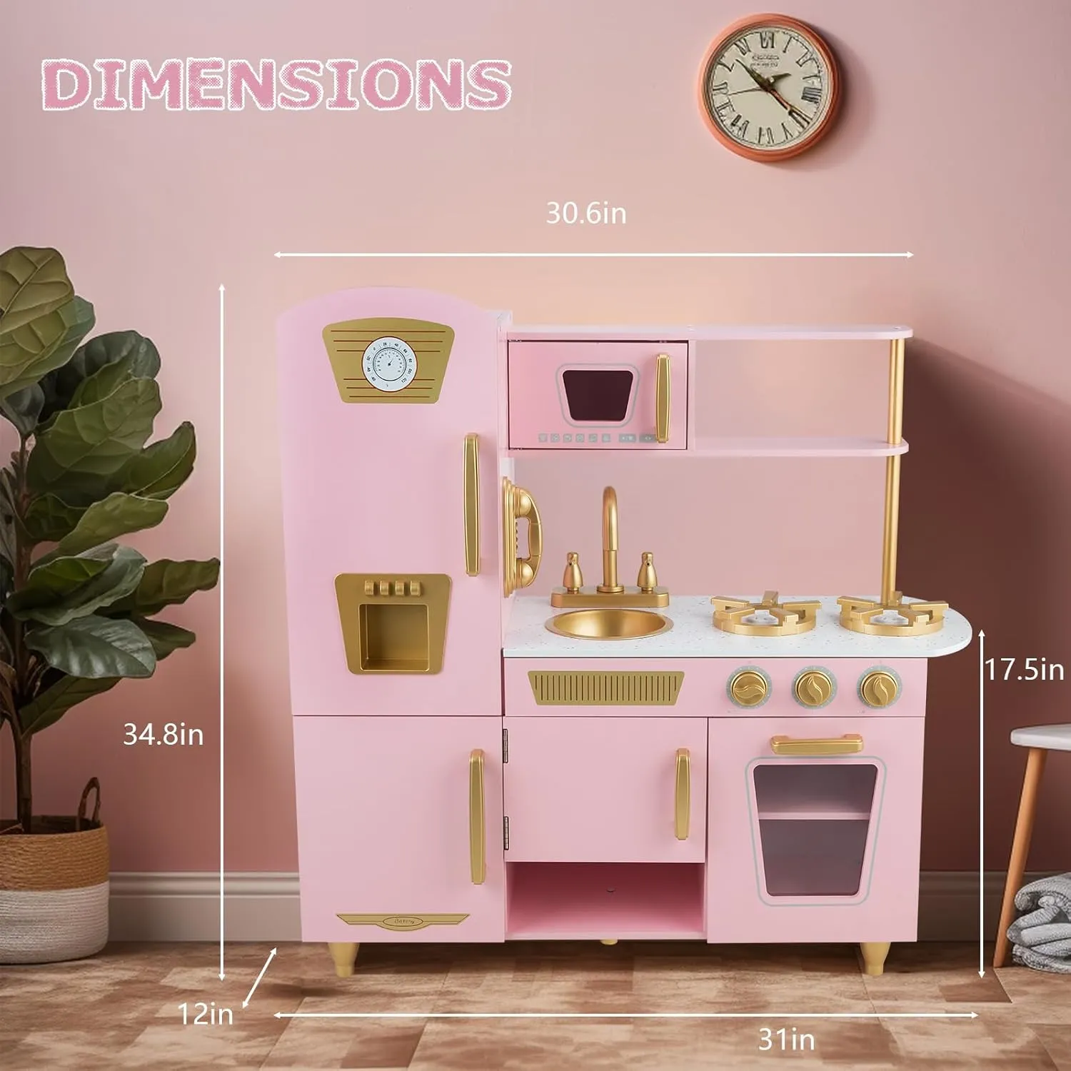 Kitchen Playset for Kids Ages 3-8, Wooden Pretend Play Kitchen, Including Telephone, Ice Maker, Refrigerator, Dimensions: 35” H x 31” W x 12” D (Pink)